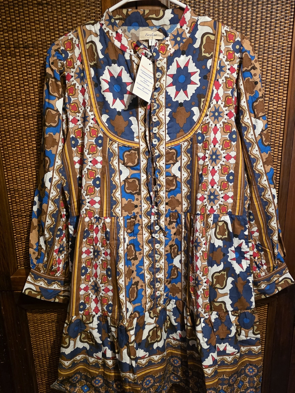 Farylina NWT Large Bohemian Printed Tiered Dress - Blue & Brown PTP 21 - Picture 2 of 4